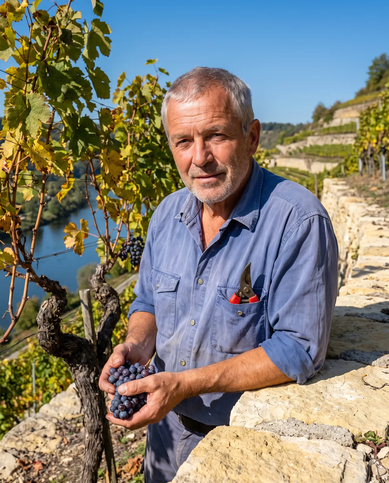 Gerhard Bäuerle lehnt an einer Trockenmauer auf den Terrassen, in der Hand eine Traube Trollinger
