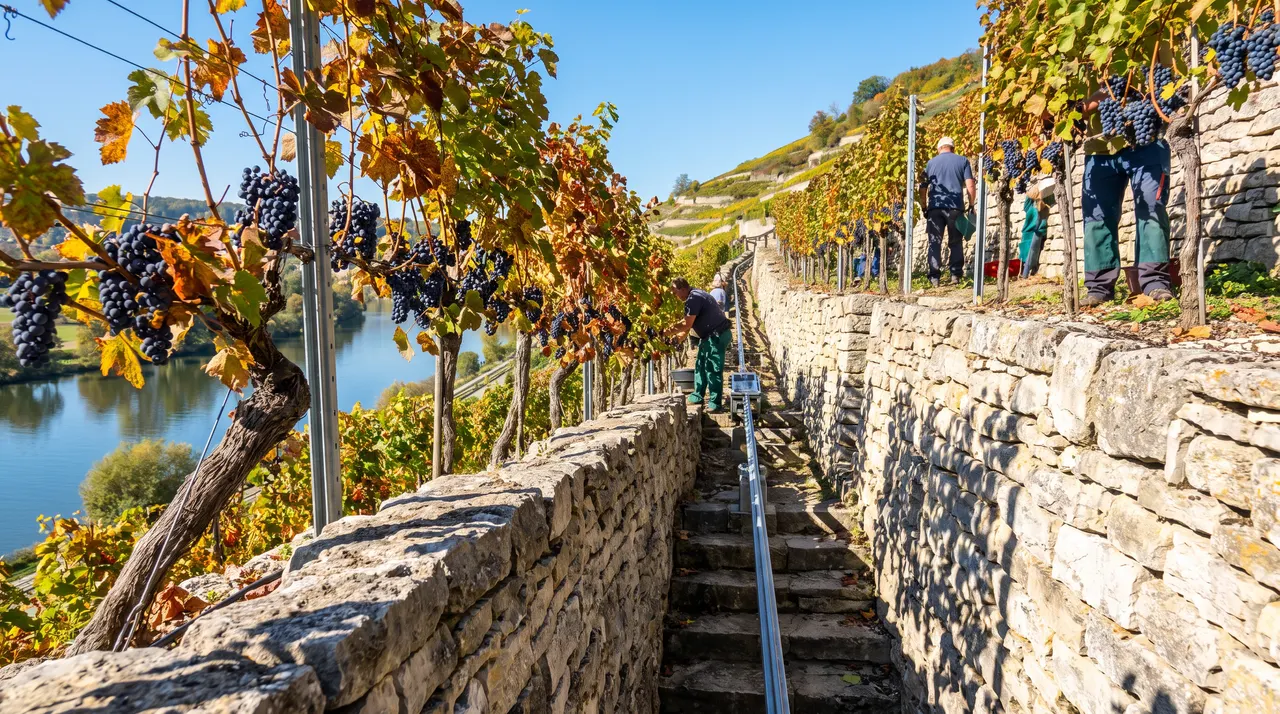 Steile Terrassen mit Trockenmauern aus Muschelkalk, schmale Stäffele und alte Trollinger-Reben im Herbst, unten der Neckar