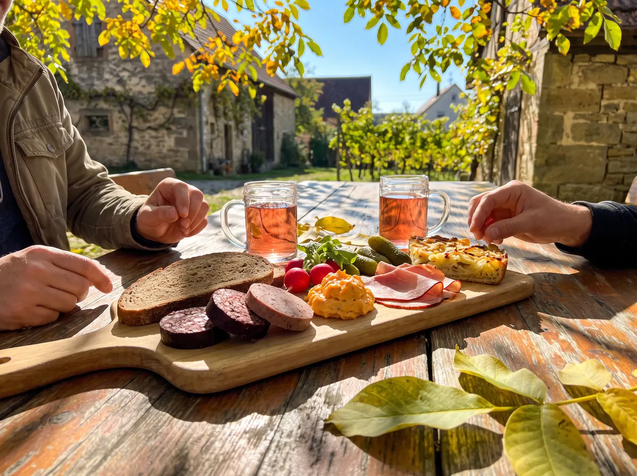 Besenvesper mit Bauernbrot, Wurst und Obatzda, dazu zwei Viertele Trollinger auf dem Holztisch im Hof