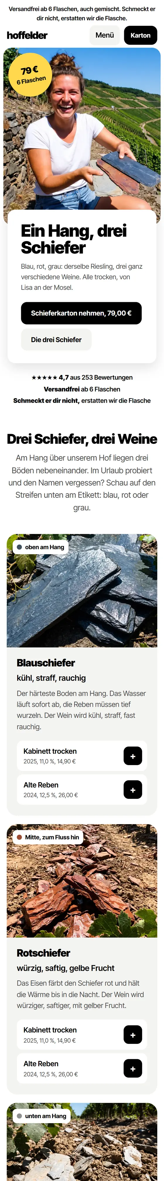 Startseite des erfundenen Weinguts Hoffelder an der Mosel: die Winzerin Lisa hält im Steilhang drei Stücke Schiefer in die Kamera, daneben „Ein Hang, drei Schiefer“