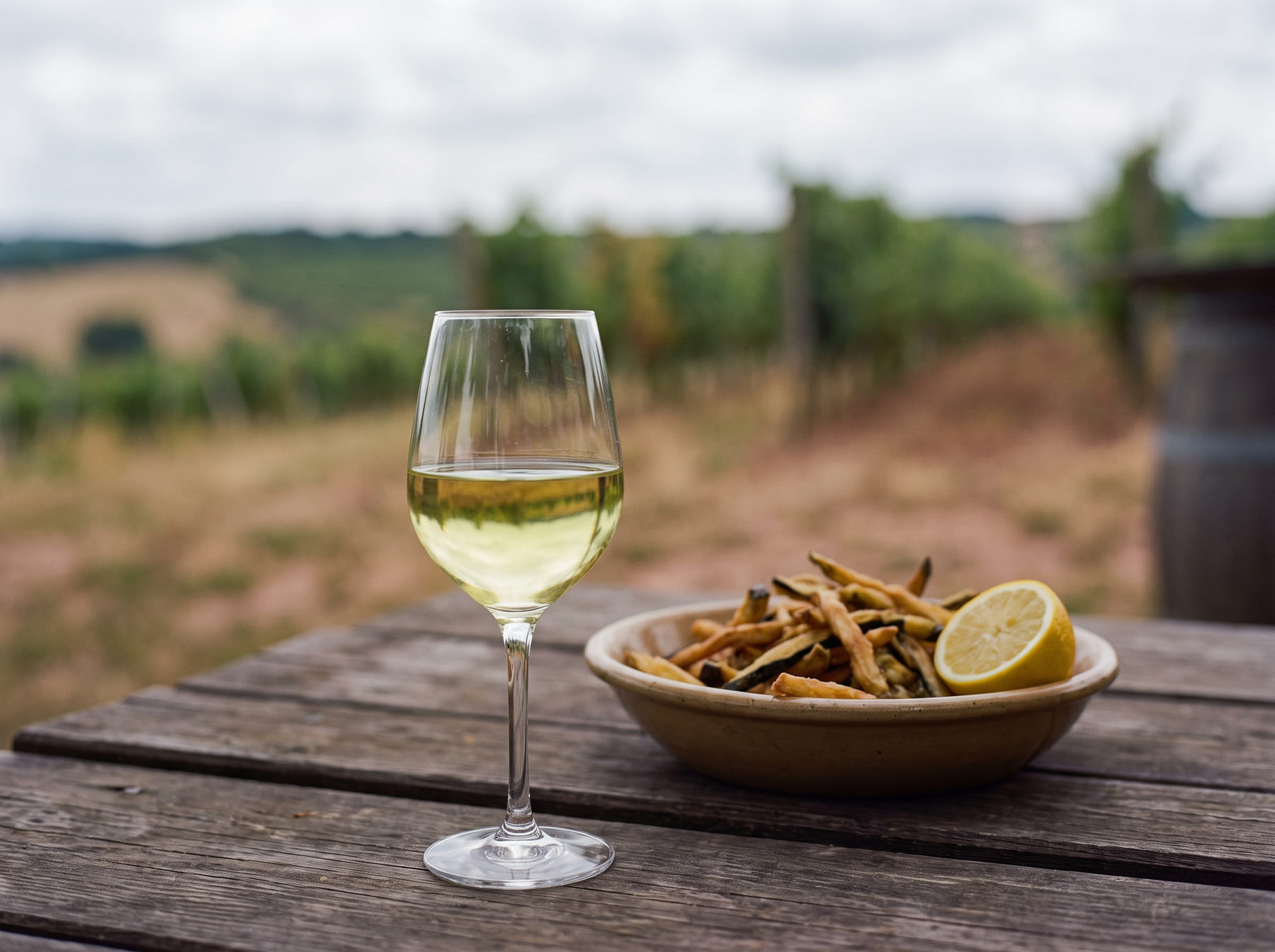 Ein Glas Weißwein und Ziegenkäse