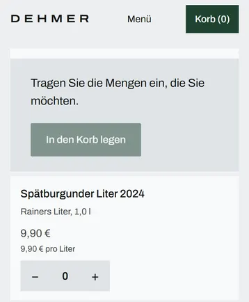 Preisliste zum Nachbestellen des erfundenen Weinguts Dehmer: Silvaner und Spätburgunder im Liter mit Preis, Grundpreis und Mengenfeld