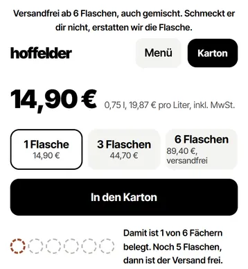 Kaufbereich des erfundenen Weinguts Hoffelder: Rotschiefer Kabinett trocken, Preis mit Grundpreis je Liter, Wahl zwischen 1, 3 und 6 Flaschen, „In den Karton“ und die sechs Fächer des Kartons