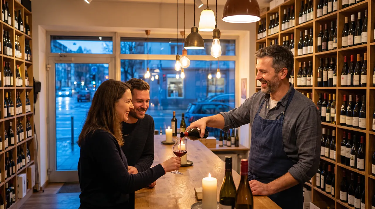 Martin Brendle schenkt an der Holztheke einem Paar Rotwein ein, draußen die Schwabstraße im Abendlicht