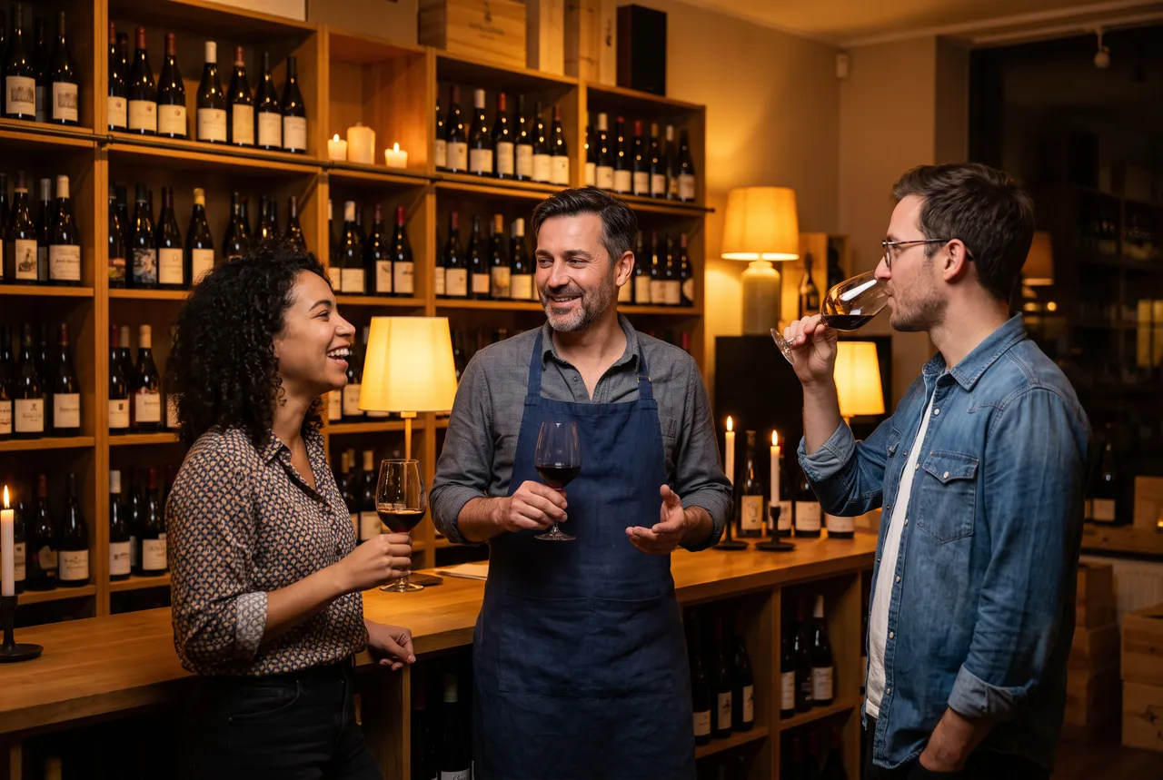 Selin, Martin und Paul probieren abends im Laden Rotwein