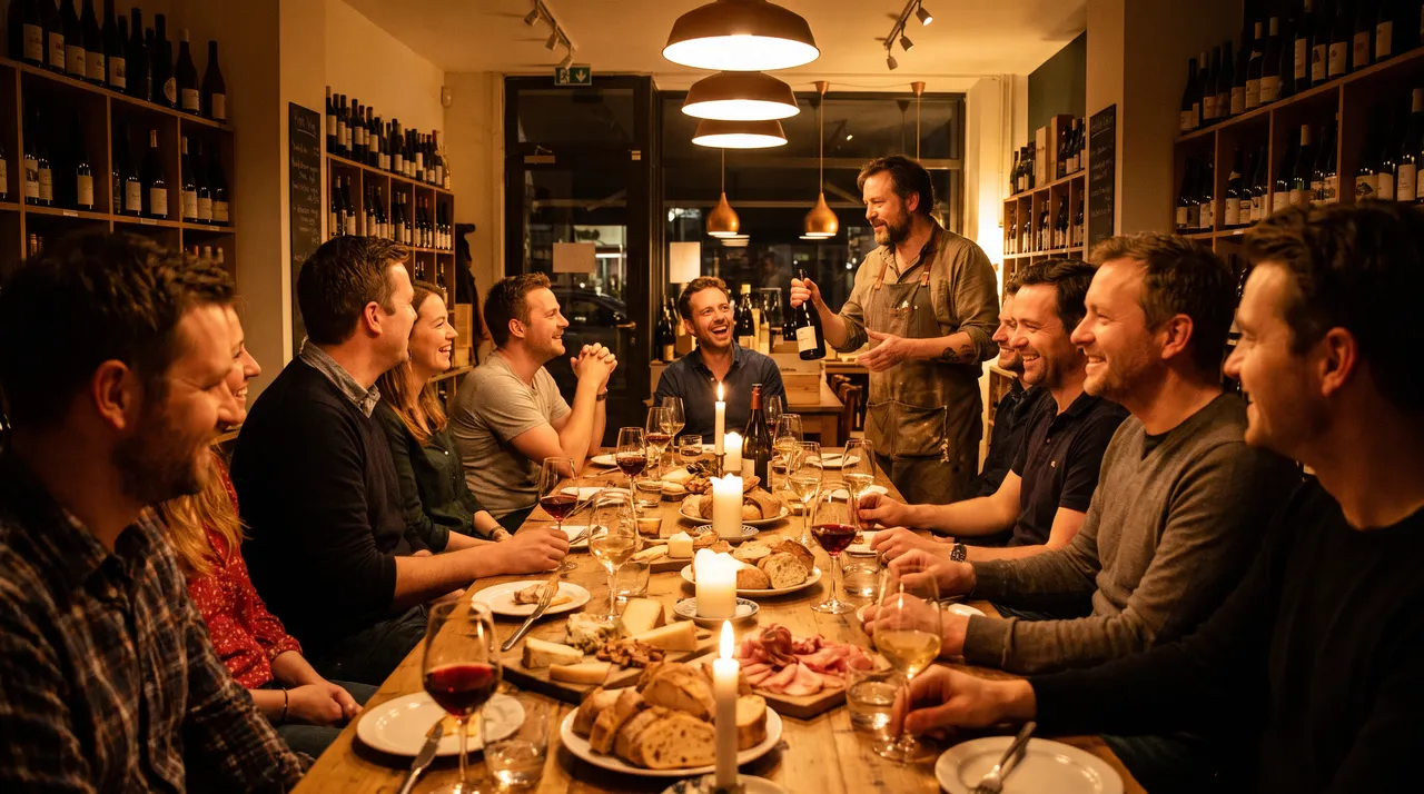 Weinabend im Laden: Gäste am langen Holztisch, Martin stellt stehend einen Wein vor