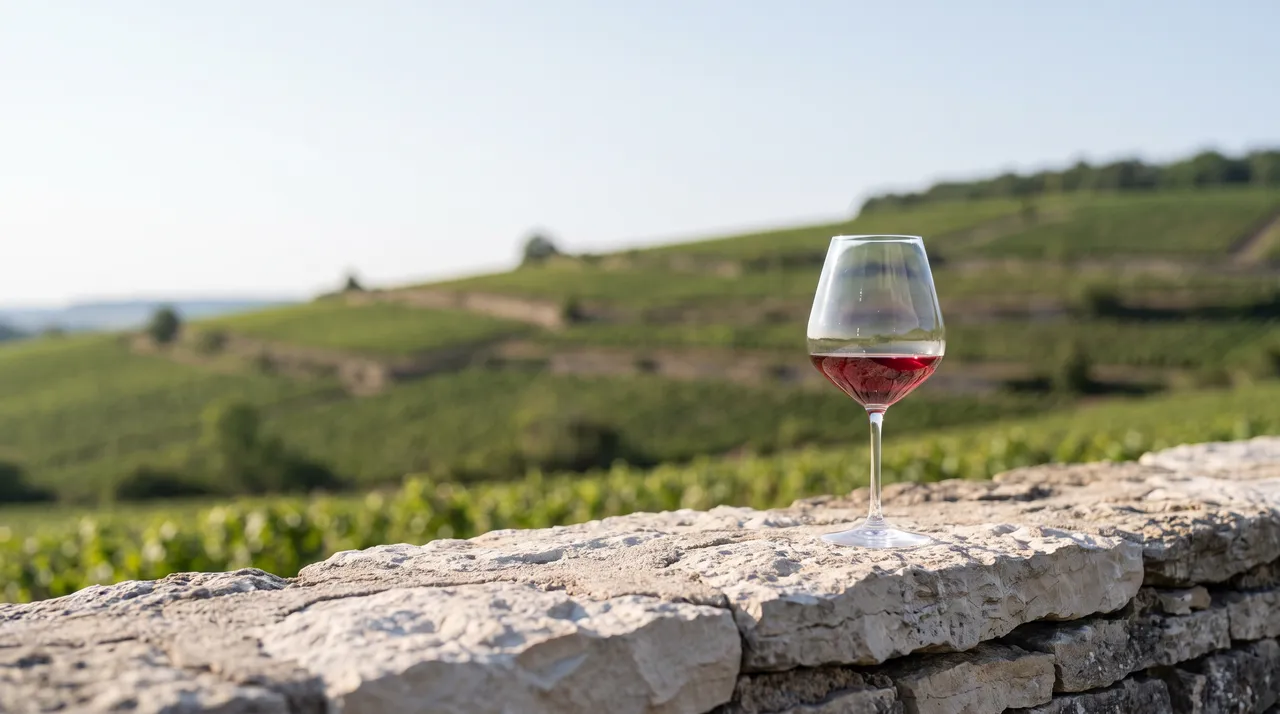 Ein Glas Spätburgunder auf einer Mauer aus Kalkstein, dahinter der Weinberg