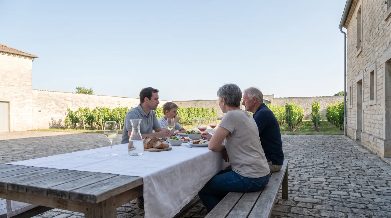 Familie Dehmer am langen Tisch im Hof
