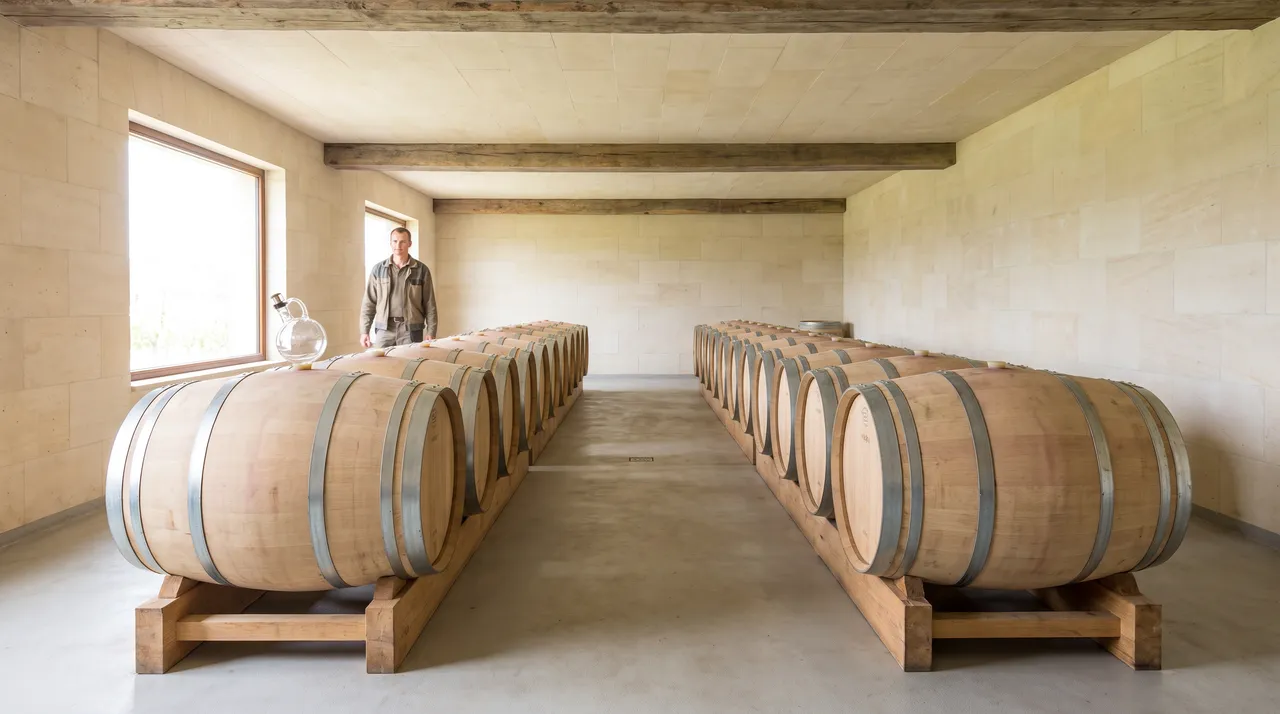 Holzfässer im Keller des Weinguts