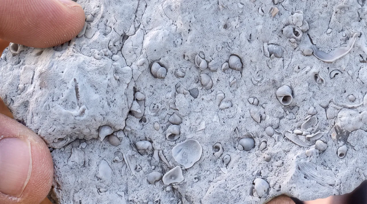 Kalkstein voller versteinerter Muschelschalen, aus nächster Nähe